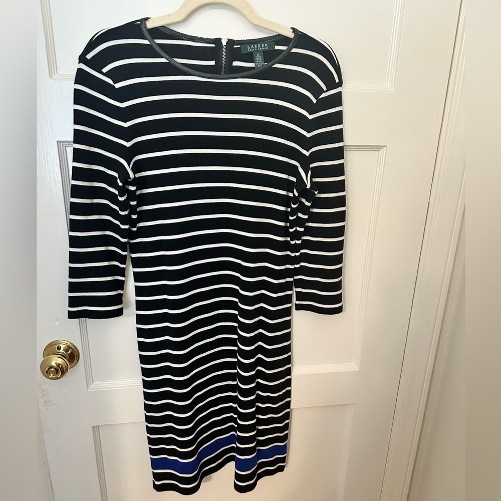 Lauren Ralph Lauren Black and White Striped Long-Sleeve Knit Dress with Blue Hem